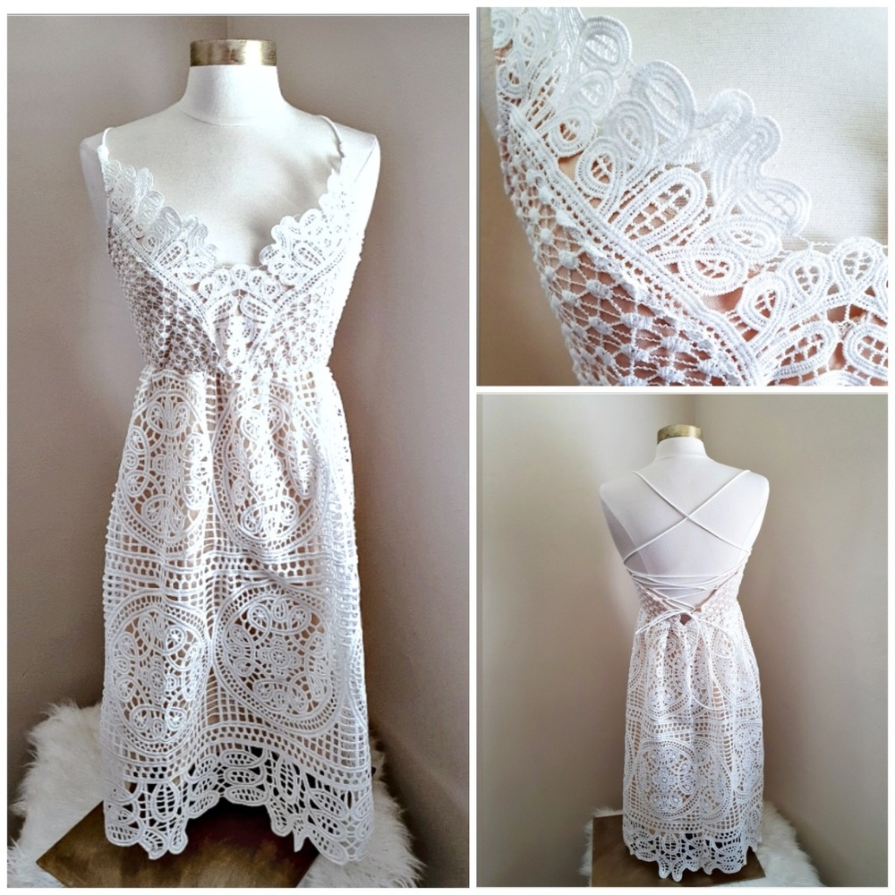 White Embroidered Lace Tie-back Midi Dress